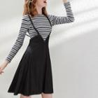 Mock Two-piece Striped Long-sleeve A-line Denim Dress