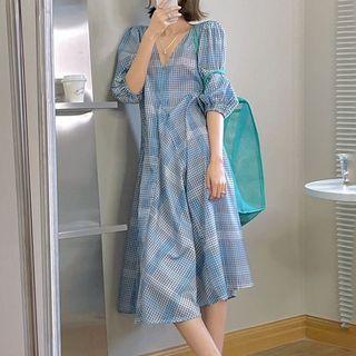 Puff-sleeve V-neck Check A-line Dress
