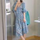Puff-sleeve V-neck Check A-line Dress