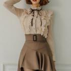 Set: Long-sleeve Ruffled Shirt + Mini A-line Skirt
