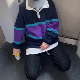 Color Block Long-sleeve Polo Collar Sweatshirt As Shown In Figure - One Size