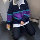 Color Block Long-sleeve Polo Collar Sweatshirt As Shown In Figure - One Size