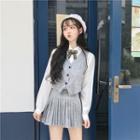 Button Vest / Pleated Mini A-line Skirt / Plain Shirt