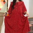 Heart Print Elbow-sleeve Collared Dress Red - One Size