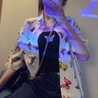 Butterfly Print Elbow-sleeve Shirt Shirt - As Shown In Figure - One Size