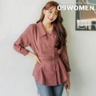 Plus Size Double-breasted Pleated Blouse With Belt
