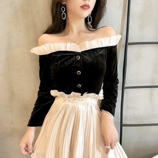 Off-shoulder Velvet Long-sleeve Top Black - One Size