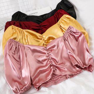 Silky Shirred-front Short-sleeve Cropped Top