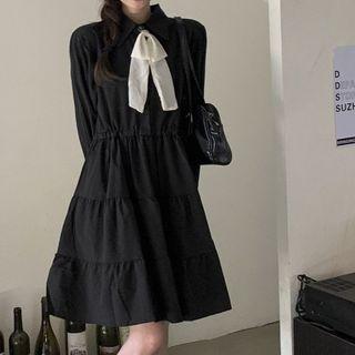 Bow-neck Tiered A-line Shirt Dress Black - One Size