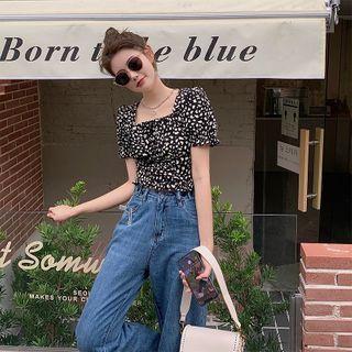 Puff Short-sleeve Square Neck Cow Print Crop Top