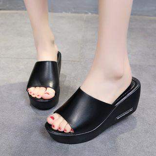 Faux Leather Platform Wedge Slide Sandals
