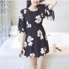 Floral Elbow-sleeve A-line Chiffon Dress As Shown In Figure - One Size