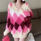 V-neck Color Block Argyle Sweater