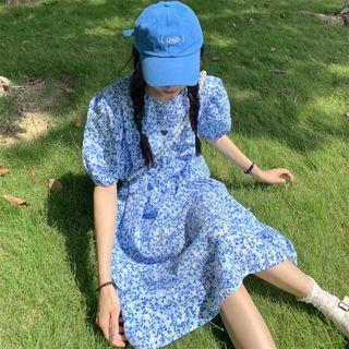 Round-neck Floral Drawstring A-line Dress