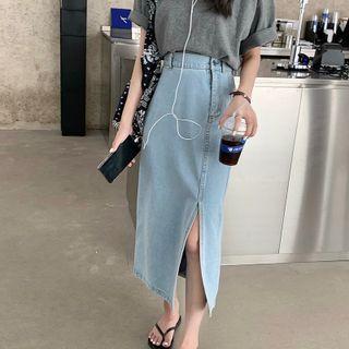 High-waist Front-slit Denim Maxi Skirt