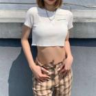 Short-sleeve Letter Embroidered Collared Cropped T-shirt