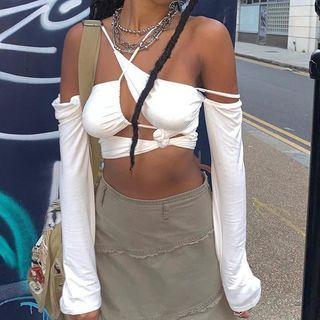 Long-sleeve Off-shoulder Halter Cut-out Top