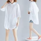 3/4-sleeve Oversized Plain Shirt White - One Size