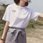 Set: Short-sleeve Embroidered T-shirt + Plaid Mini Skirt