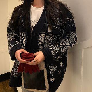 Pattern V-neck Cardigan Black - One Size