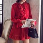 Long-sleeve Frill-trim Chiffon Mini Dress