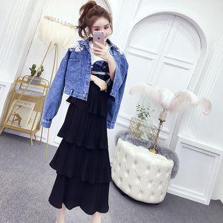 Denim Jacket / Midi Layered Skirt / Short-sleeve Sequined T-shirt