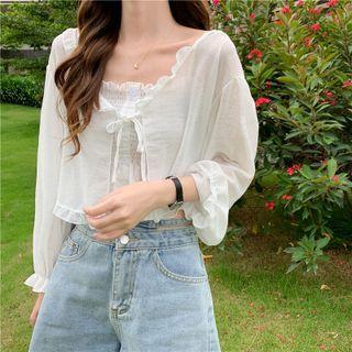 Set: Ruffle Trim Cropped Camisole Top + Tie-strap Blouse