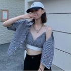 Short-sleeve Gingham Shirt / Cropped Camisole Top