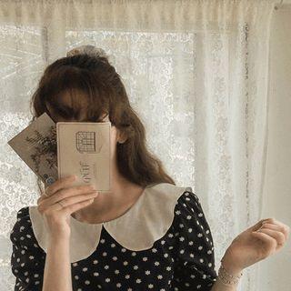 Contrast-collar Flower Embroidery Blouse Black - One Size