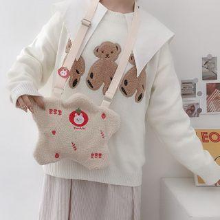 Cartoon Embroidered Faux Shearling Crossbody Bag