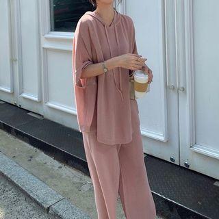 Set: 3/4-sleeve Hooded Knit Top + Cropped Wide-leg Pants