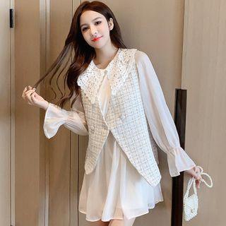 Set: Bell-sleeve Mini Dress + Double Breasted Doll-collar Vest