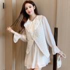 Set: Bell-sleeve Mini Dress + Double Breasted Doll-collar Vest