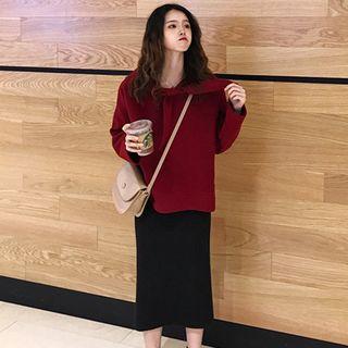 Plain Hoodie / Midi Straight-fit Skirt / Mock Turtleneck Striped Long-sleeve Top