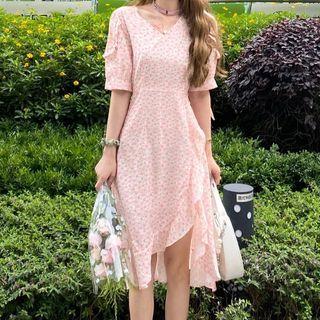 Short-sleeve Floral Print Asymmetrical A-line Dress