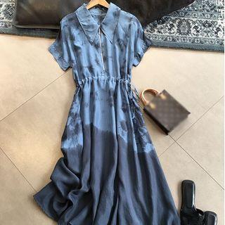 Short-sleeve Tie-dyed Midi A-line Shirtdress