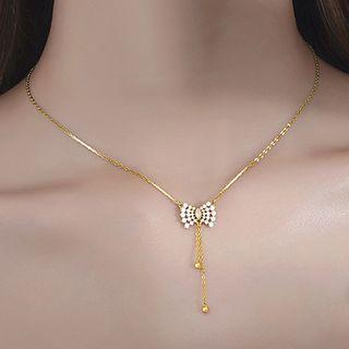 Bow Rhinestone Pendant Sterling Silver Necklace Gold - One Size