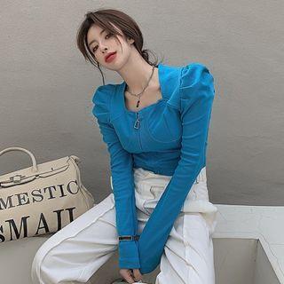 Details Puff-sleeve Zipper Crop T-shirt