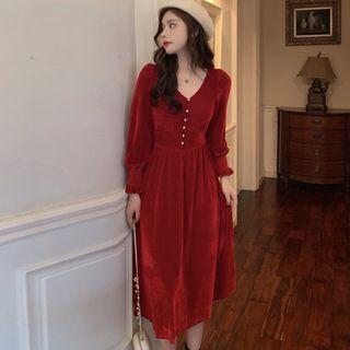 V-neck Long-sleeve A-line Midi Velvet Dress Wine Red - One Size