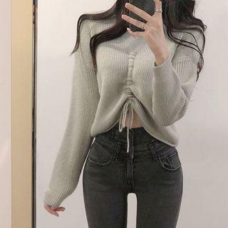 Long-sleeve V-neck Plain Drawstring Top