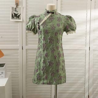 Embossed Lace-trim Mini Qipao Dress