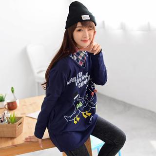 Print Long-sleeve Oversized Top Blue - One Size