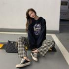 Printed Sweatshirt / Plaid Wide-leg Pants