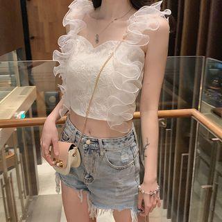 Sleeveless Ruffled Mesh Paneled Lace Cropped Top