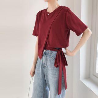 Short-sleeve Asymmetric Tie-waist T-shirt