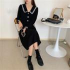 Contrast-trim Sailor-collar Long-sleeve Midi Dress