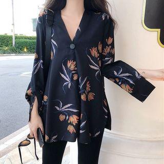 Flower Print V-neck Blouse As Shown In Figure - One Size