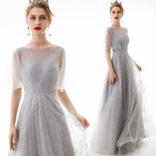 Short Sleeve Mesh Panel Embroidered A-line Evening Gown