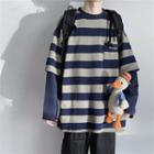 Mock Two Piece Letter Printed Striped T-shirt