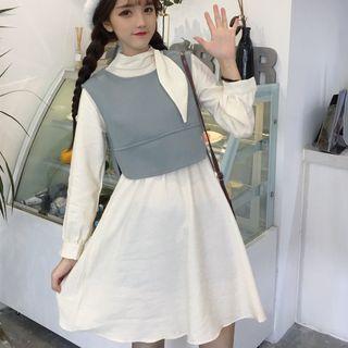 Set: Long-sleeve Mini A-line Dress + Cropped Vest